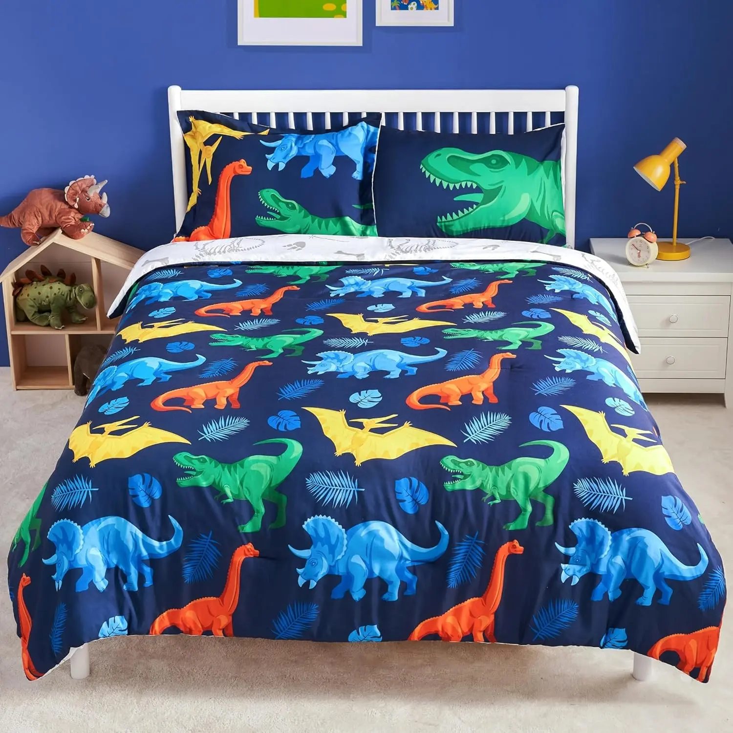 Kids Comforter Set Bedding Set for Boys Girls Super Soft Microfiber Bed in a Bag with Comforter Sheets Pillowcase Sham, Dark Blue Dinosaur, Twin
