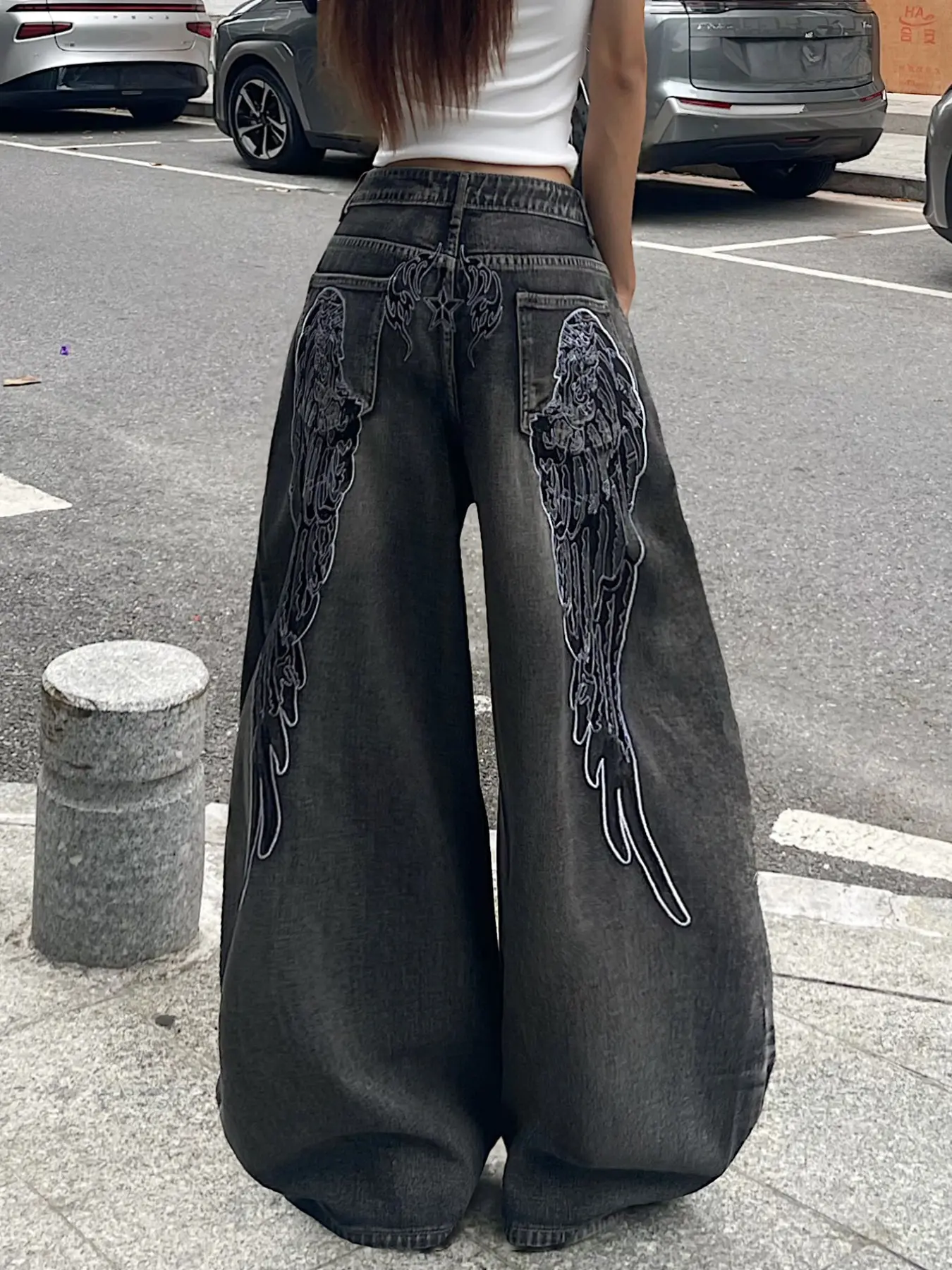 Women's Vintage Washed Jeans, High Waist Wide Leg Pants, Embroidered Wings, Loose Fit, Oversized, Street Style, All Seasons, Multiple Colors Available