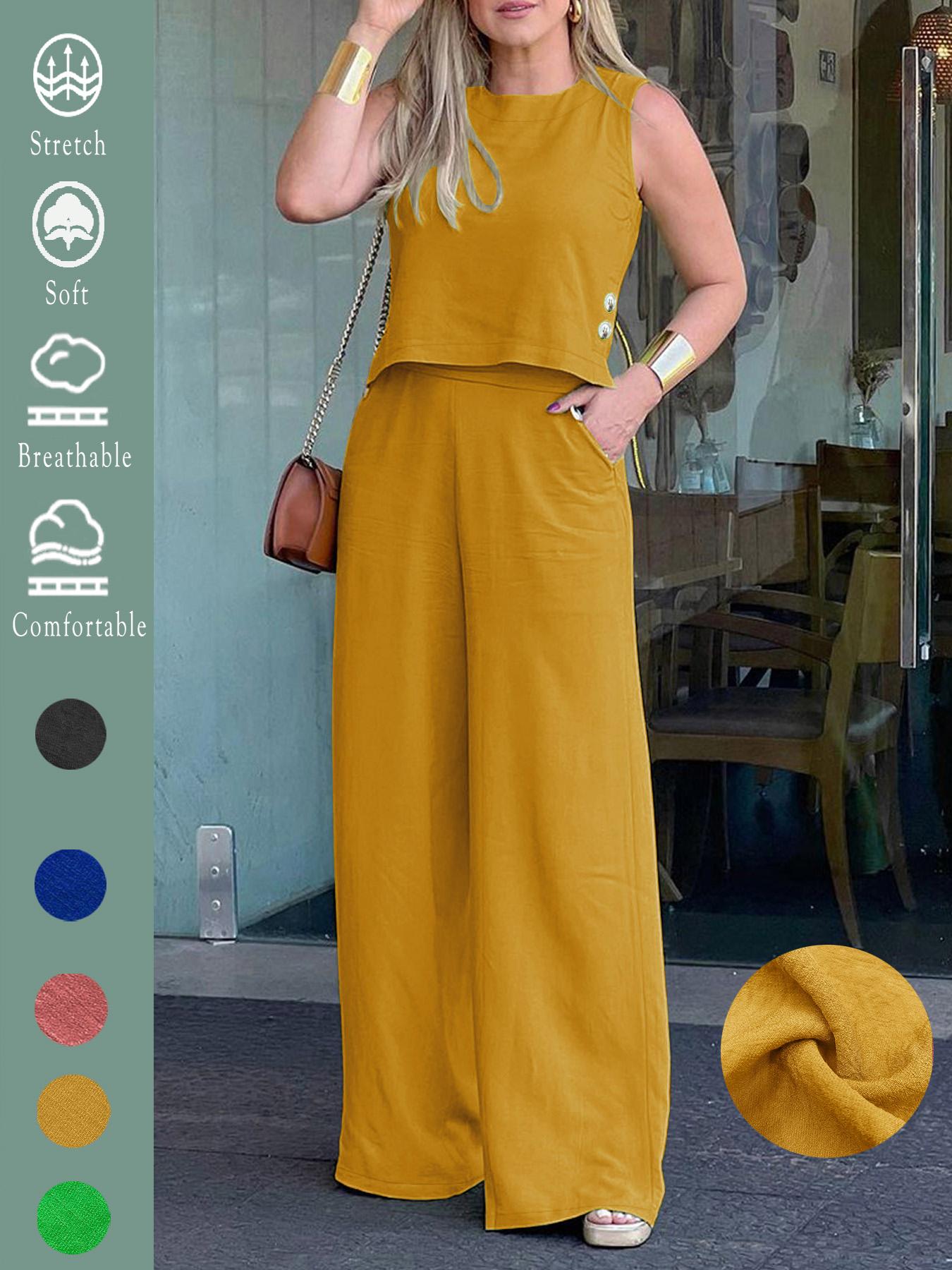 Women's Elegant Solid Color Loose Sleeveless Round Neck Wide Leg Pants Set 2pcs, Comfortable Summer Casual with Pockets for All Seasons, Stylish Set for Holiday & Daily Wear