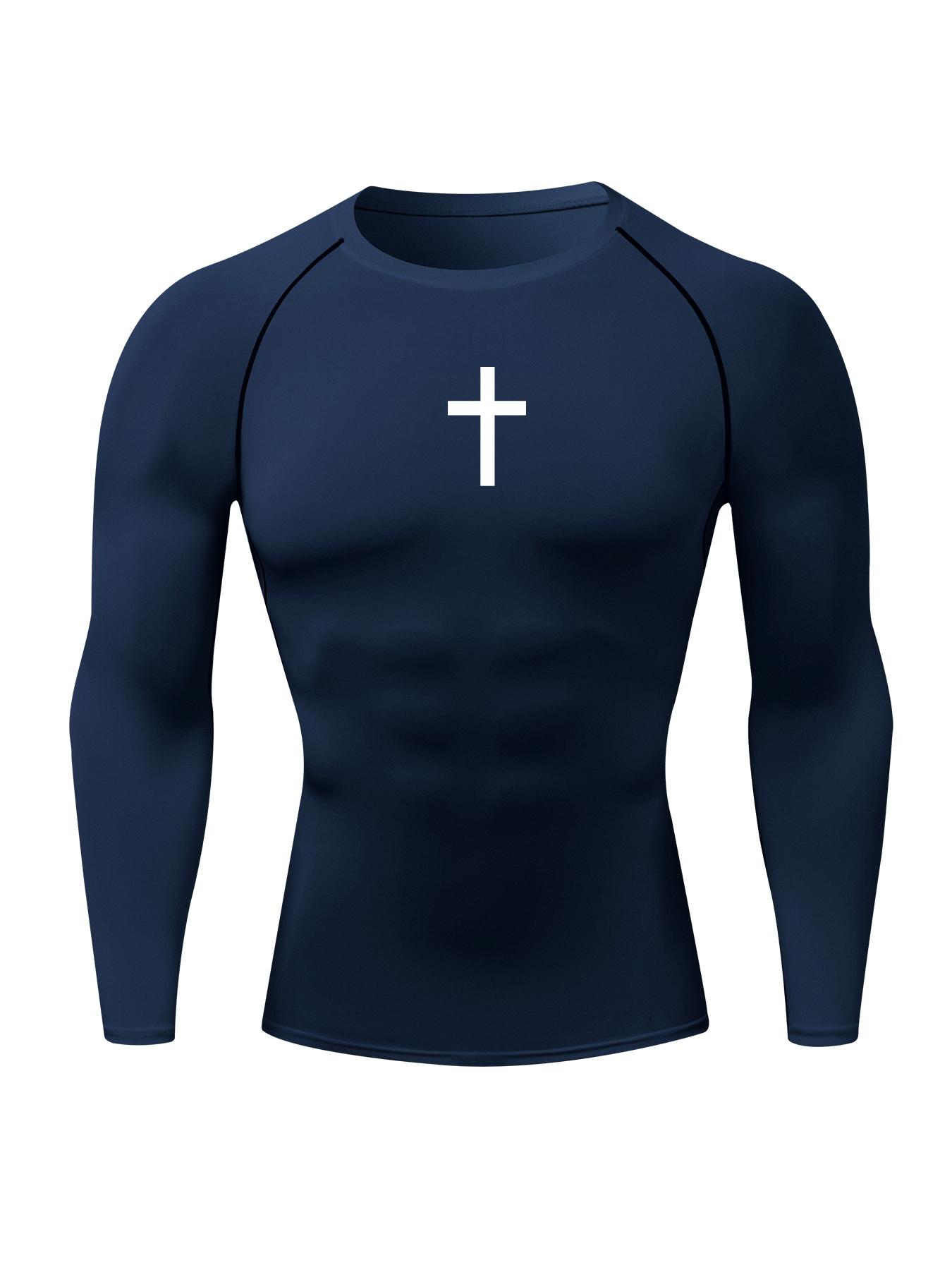 Men's Cross Print Round Neck Sports Tee, Tight Sporty Quick Drying Breathable Long Sleeve T-shirt, Men's Sportswear for Spring & Fall Gym Workout, Athletic Style High Performance Activewear