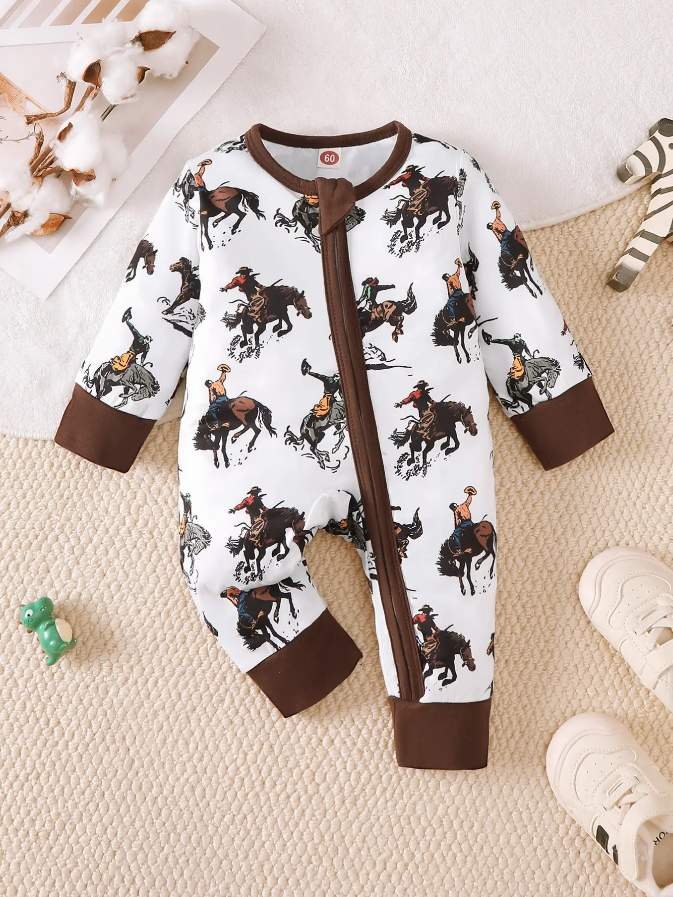 Boys' Long Sleeve Infant Jumpsuit, Baby Clothing, All over Print, Sporty Style, Slim-Fitting, Above the Ankle, Western Cowboy Theme, Suitable for All Seasons, Baby Boy Clothes