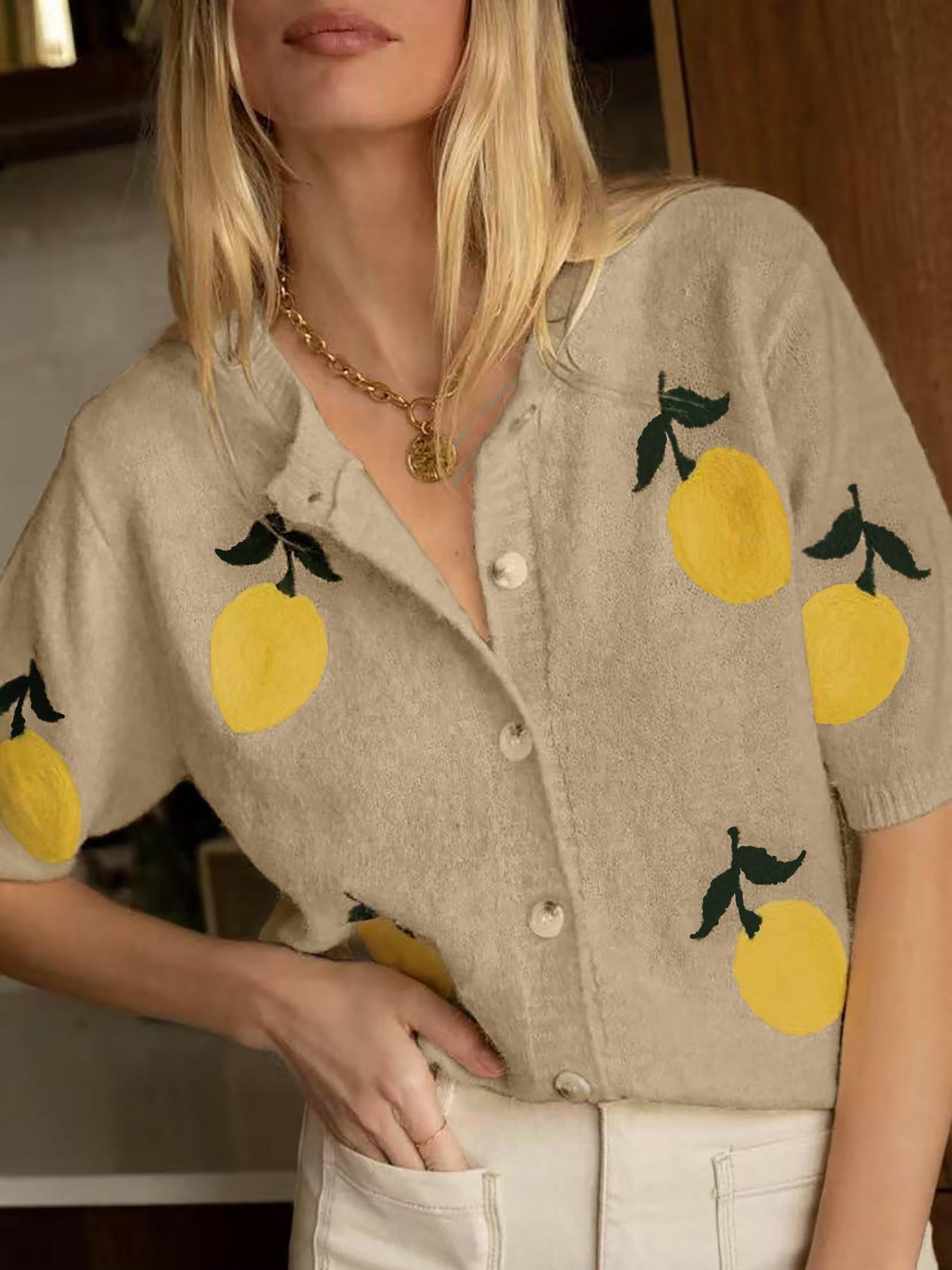 Women's Lemon Embroidery Sweater Cardigan, Casual Short Sleeve Knitwear for Daily Wear, Ladies Knitting Clothes for All Seasons, Tops