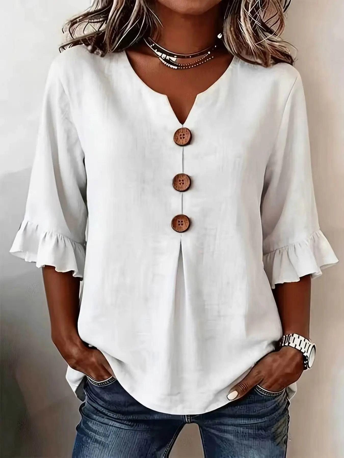 Plus Size Notched-Neck Button Ruffled Sleeve Blouse, Casual Loose-Fit Half-Sleeve Shirt, Y2K Clothes, Stylish Summer Wear, Trendy Elegant Comfortable Relaxed-Fit Top for Parties & Daily Wear
