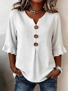 Plus Size V-Neck Button Ruffled Blouse Casual Half-Sleeve Loose Fit Shirt, Y2K Clothes Summer Daily Wear, Trendy Elegant Tops, Comfortable Relaxed Fit Casual Ensembles, Stylish Detail Party Casual Wear