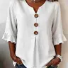 Plus Size Collared Notched-Neck Button Ruffled Sleeve Blouse, Casual Loose-Fit Half-Sleeve Shirt, Beach Shirt, Y2K Clothes, Stylish Chic Summer Wear, Trendy Elegant Comfortable Relaxed-Fit Top for Parties & Daily Wear, Womenswear