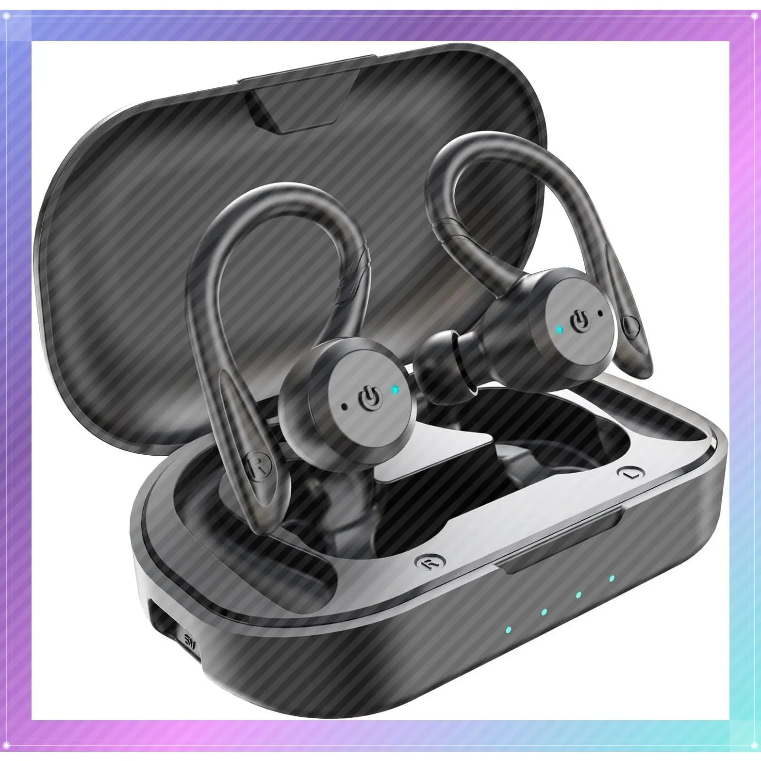 True Wireless Bluetooth Earbuds with Charging Case, IPX7 Waterproof, Stereo Sound, Built-in Mic, Deep Bass, Ear Hooks, 40H Playtime for Sport Running Workout, BlackGift