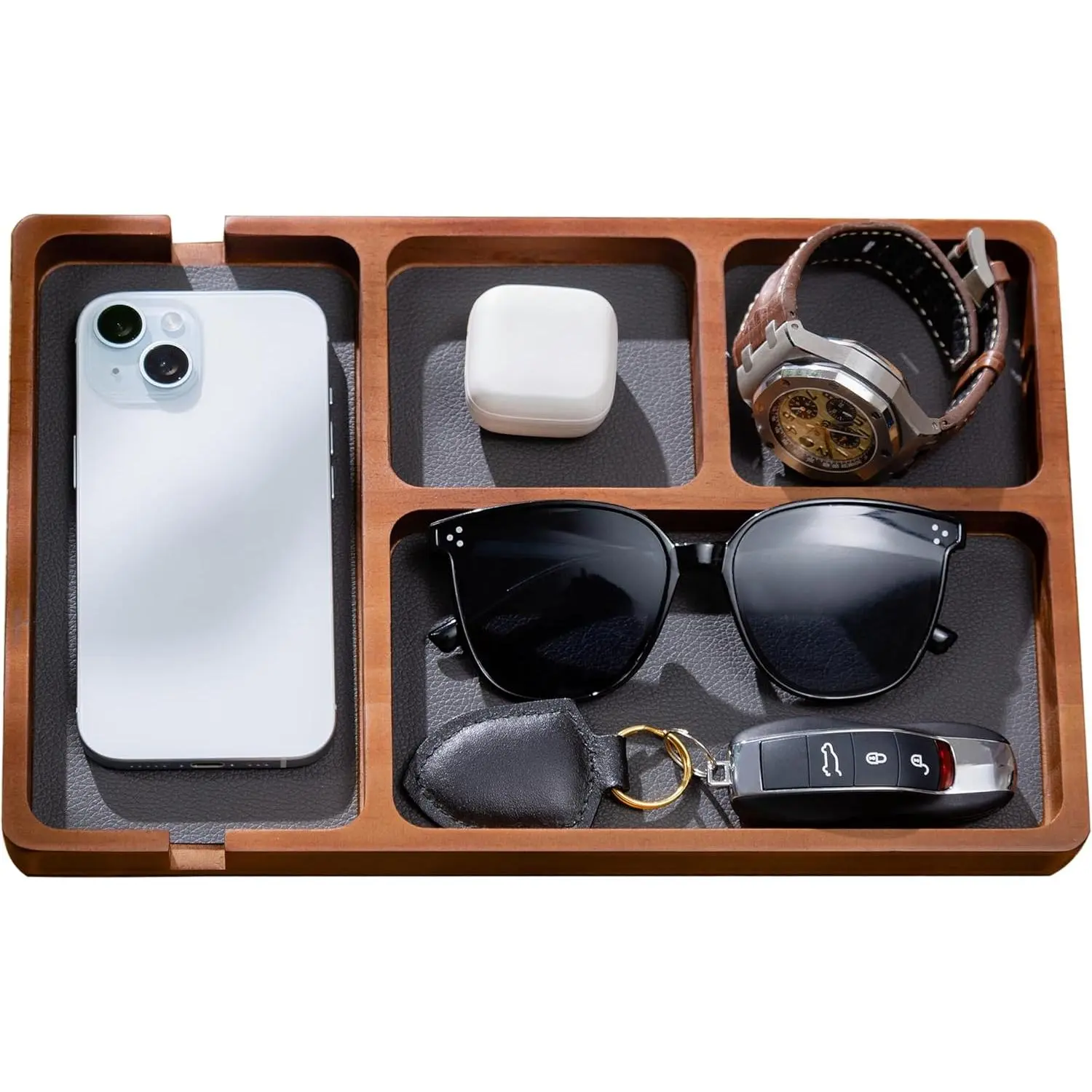 Wooden Valet Tray for Men, Nightstand Organizer with Leather Inlay, EDC Essentials Catchall Tray for Keys, Phone, Wallet, Watch, Earbuds - Bedside Desk Entryway Tray (Wood)