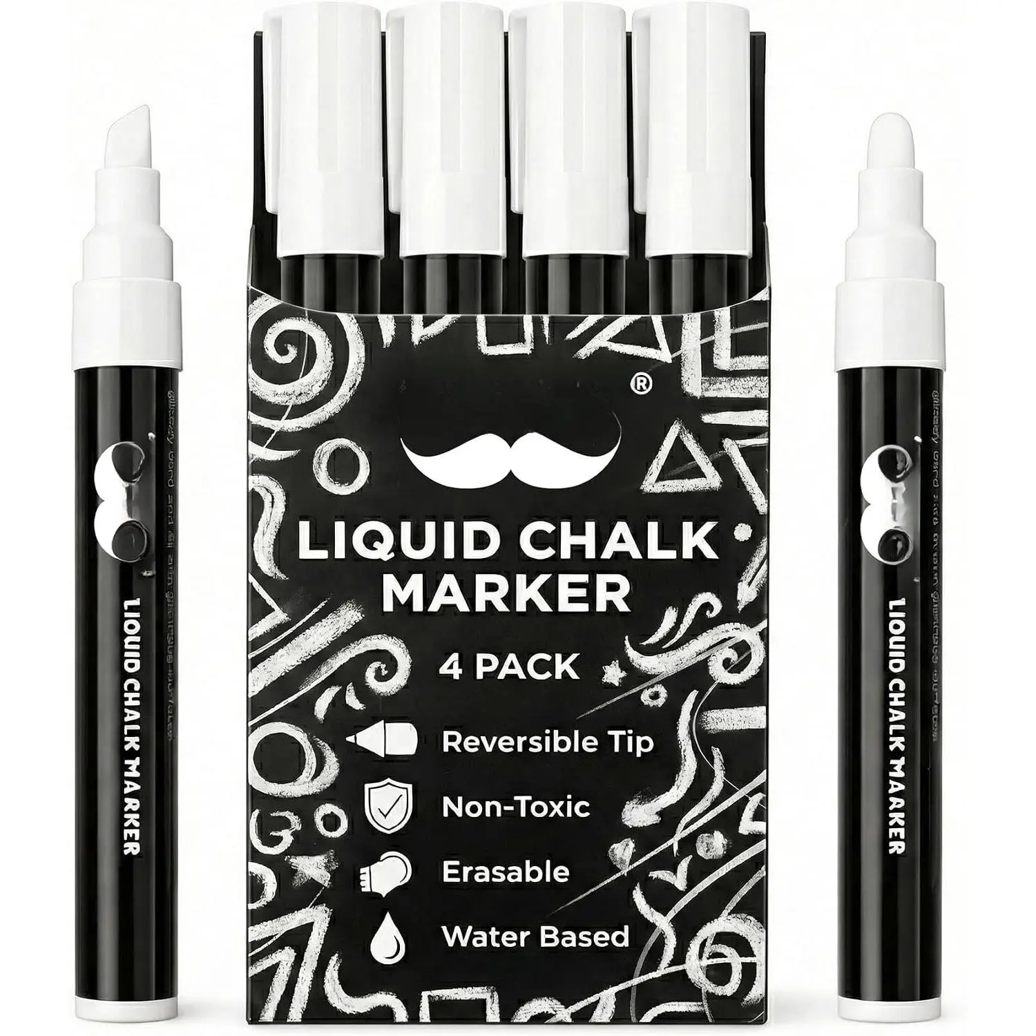 Liquid Chalk Markers, 4-Pack with 8x Labels, White Odor-Free Writing Tools, Reversible Chisel Tip, Ideal for Non-Porous Chalkboards (Office Stationery Writing Tool), 4-Pack Size