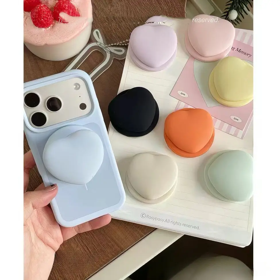 Creative Liquid Silicone Heart MagSafe Compatible Phone Grip Stand, Strong Magnetic Retractable Collapsible Airbag Holder for Desk, Cute Accessory for Women