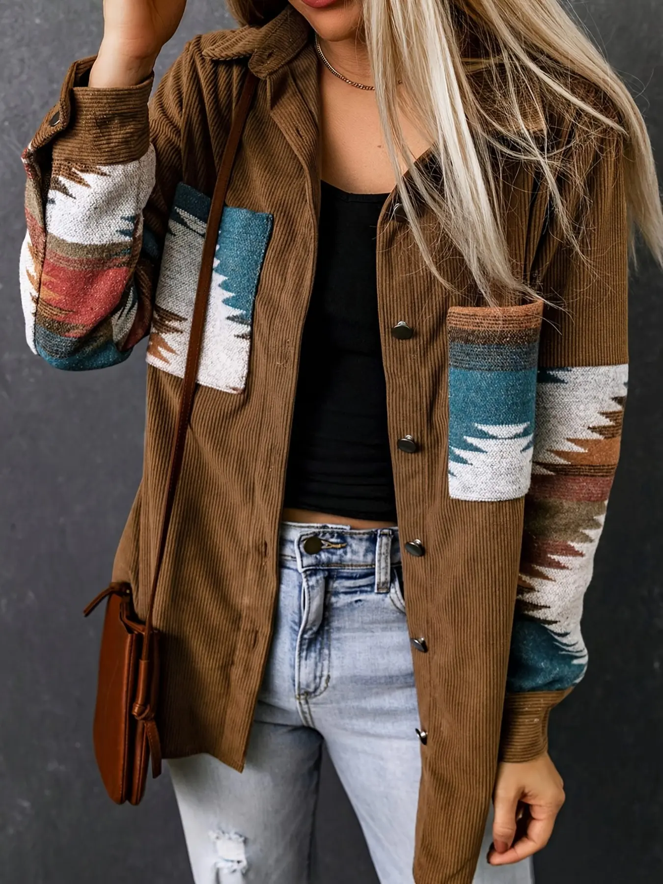 Women's Fashion Geometric Print Pocket Faux Fur Coat, Stylish Outerwear for Daily Wear, Trendy Design for Women, Corduroy
