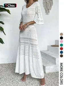 Elegant V-Neck Knit Dress, Hollow Out Design, Casual Fitted Long Skirt, Spring & Summer Beach Vacation Wear, Random Pattern