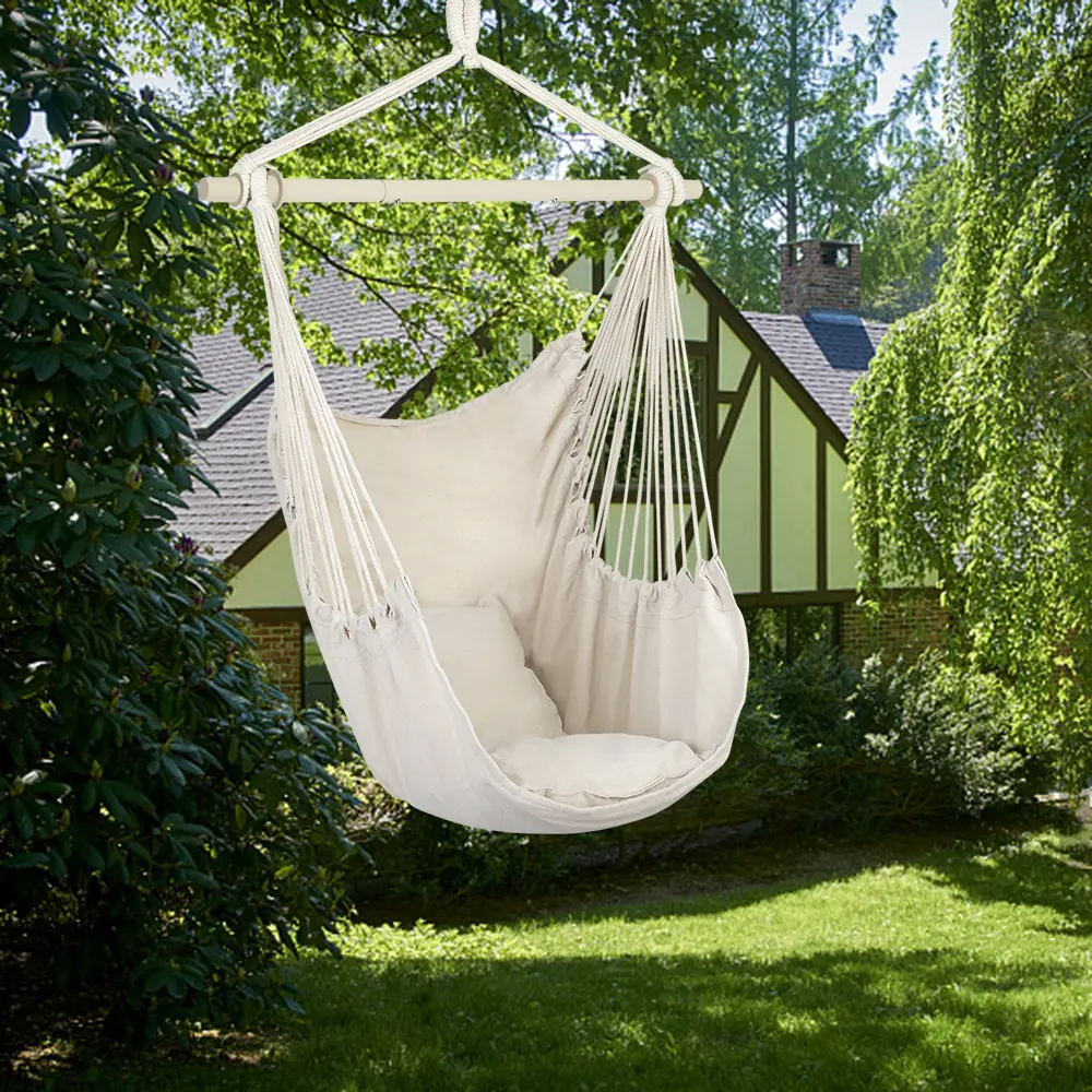 Hanging Hammock Chair With Cushion & Pillow, Portable Cotton Rope Swing Chair With Wooden Spreader Bar, Indoor Outdoor Macrame Swing Seat For Bedroom, Patio, Porch, Garden, Balcony Relaxation