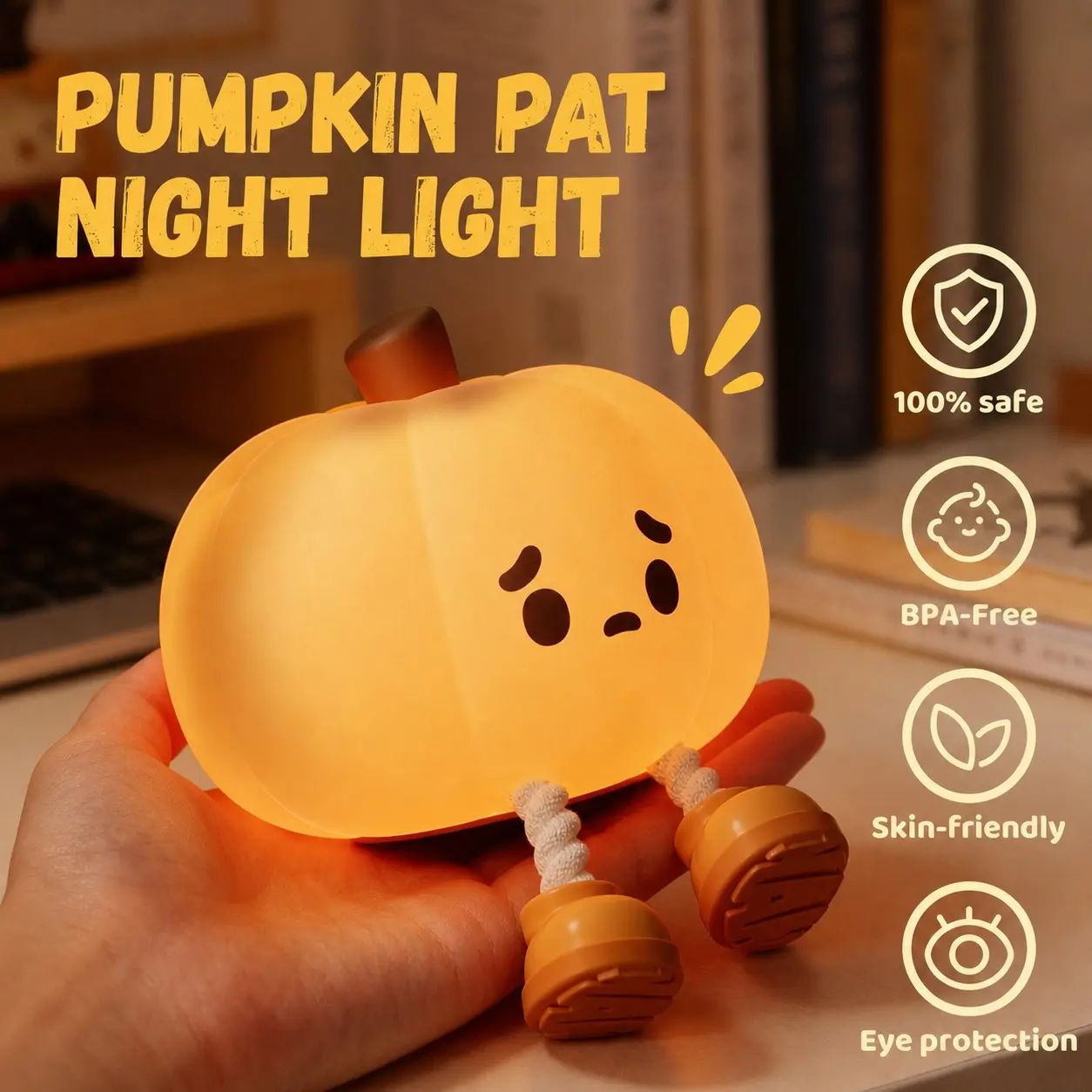 Soft Silicone Orange Pumpkin Night Light, Cute Rechargeable LED Bedside Touch Lamp with 3-Gear Dimmable Brightness, Nursery Nightlight for Kids & Women, Room Office Desk Halloween Decor & Ideal Gift