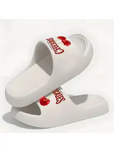 1 pair of Valentine's Day cherry print adult flat sandals, non-slip open-toe design, stylish slippers, unisex, comfortable for indoor and outdoor wear, women's shoes