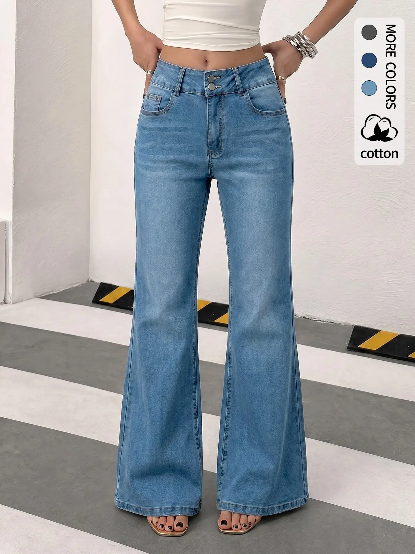 Women's High Waist Double Button Micro Flare Jeans Vintage, Light Wash Elastic Retro Bell Cotton Denim Long Pants, Multiple Colors Available