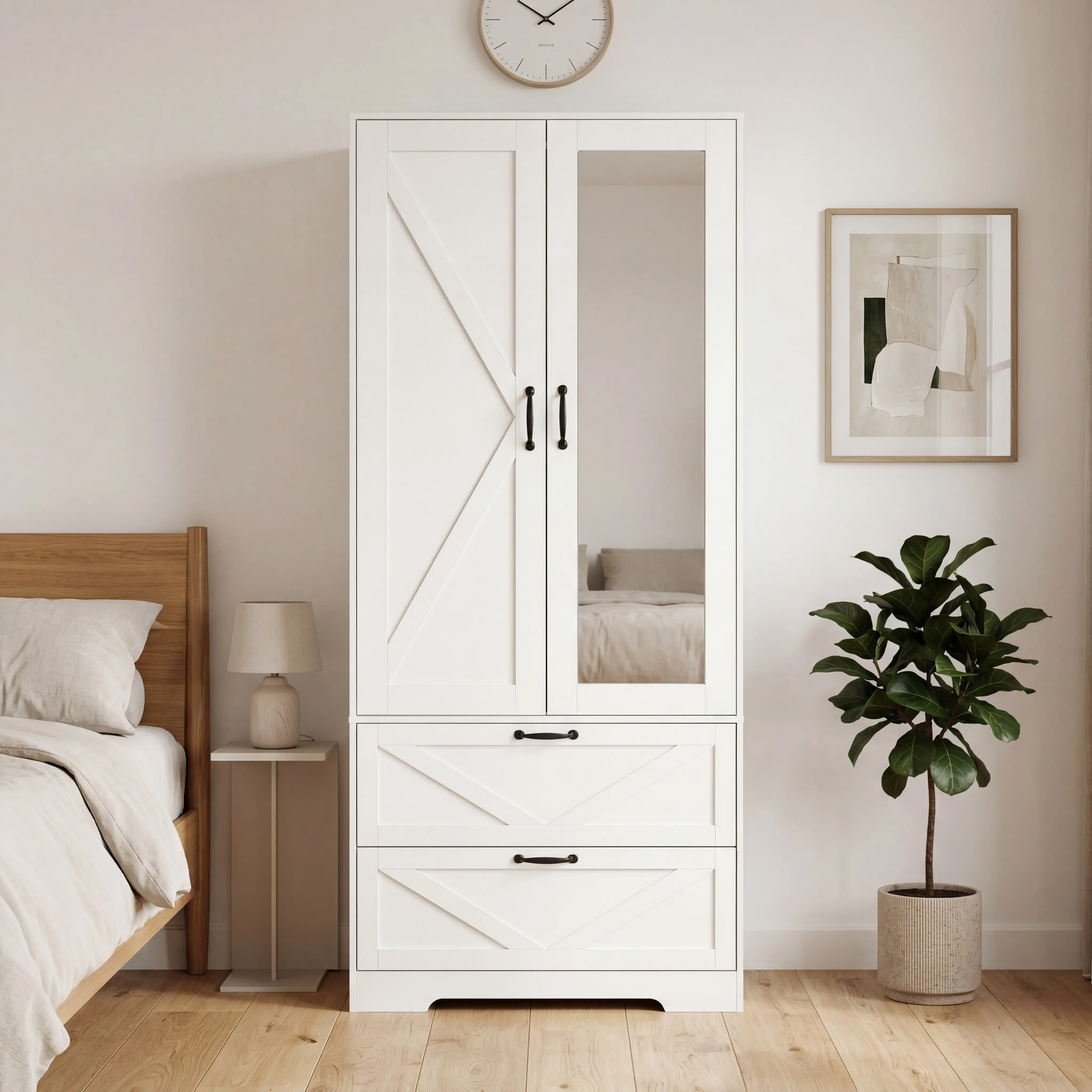 ARCH 2 Door Wood Wardrobe Closet with Hanging Rod and 2 Drawers for Bedroom Storage, White Particle Board Cabinet with Induction Light and Mirror, Freestanding Organizer for Clothes, 31.5W x 19.68D x 71.65H, White Color Options, Particle Board Materi