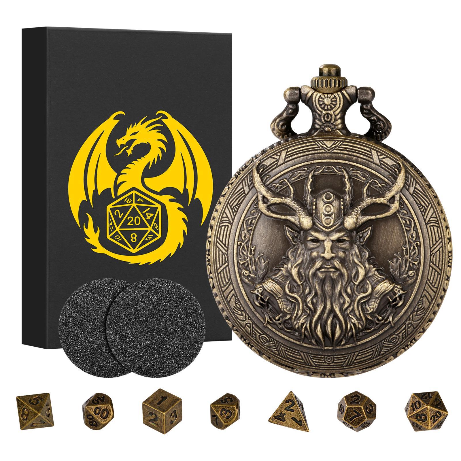 Druid Half Orc Design Pocket Watch Gift Box Set, 1 Set Vintage Pocket Watch with 1 Count Chain & 7 Counts Dice, Role Playing Game Dice Props