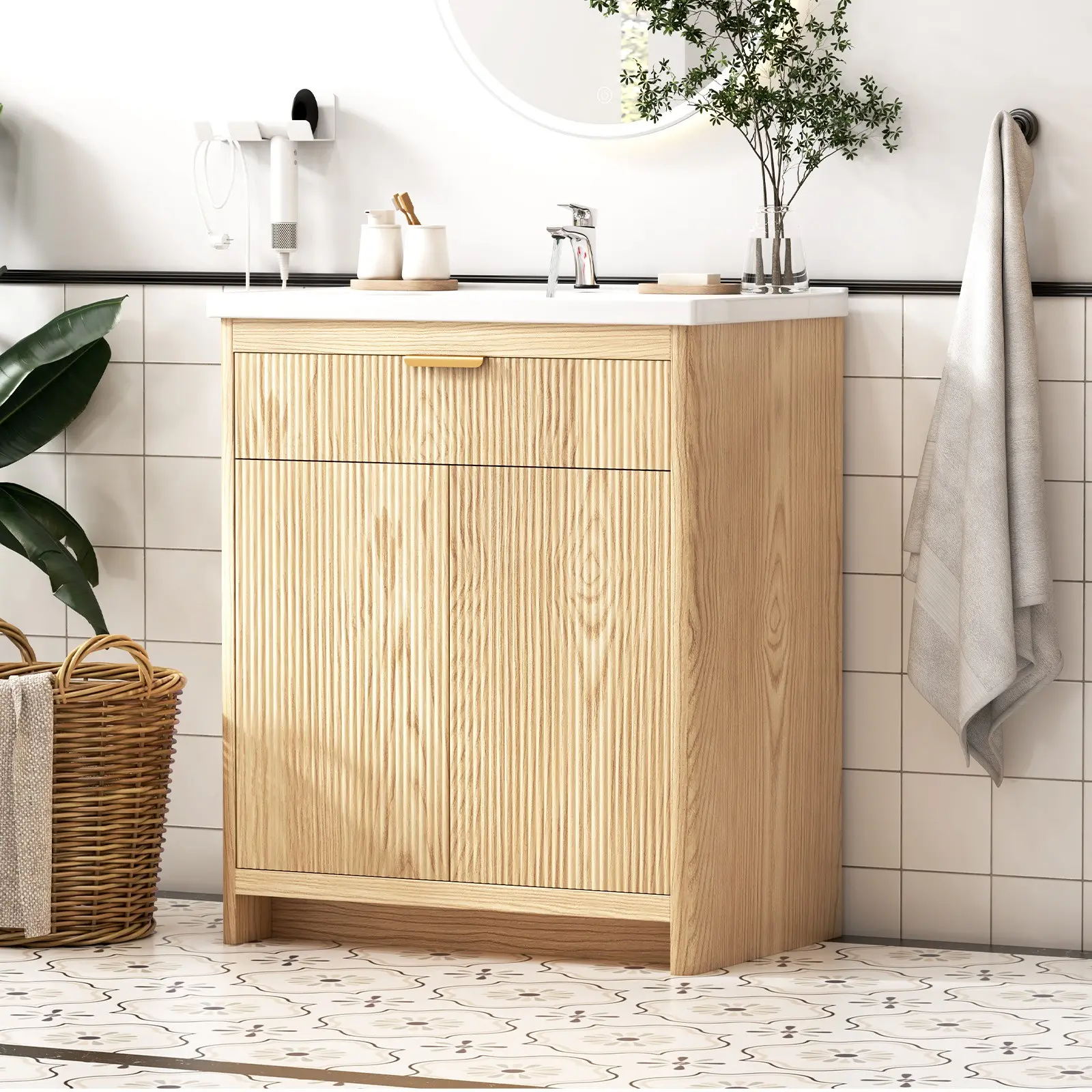 31 in Oak White Freestanding MDF Frame Bathroom Vanity Combo - 1 Rectangular Undermount Ceramic Sink, Durable Rustic Storage Cabinet, DIY Friendly Design