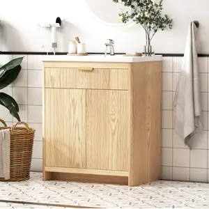 31" Bathroom Vanity Cabinet Wooden with Top Ceramic Sink Combo Freestanding