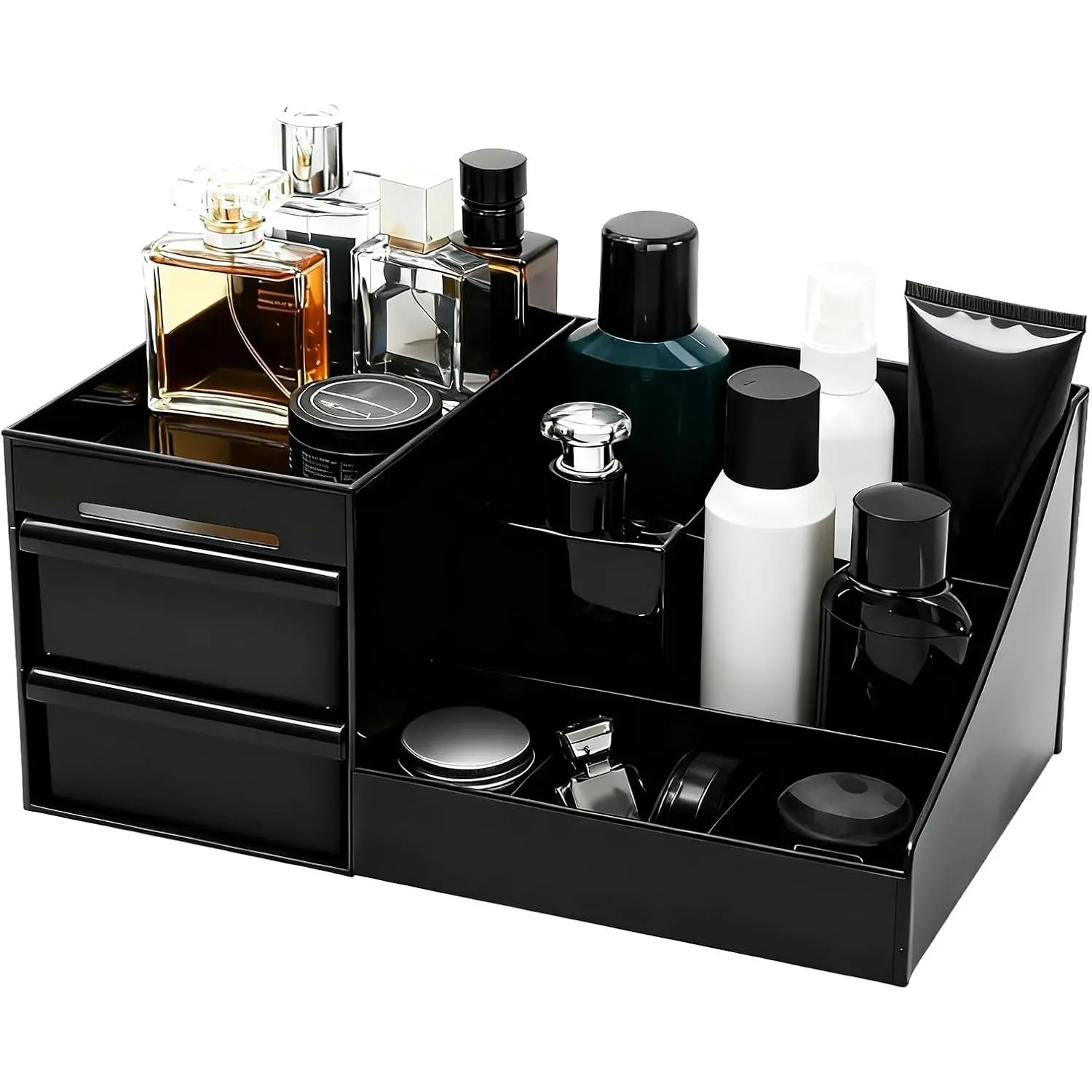 Men's Large Black Cologne Organizer with Drawers & Shelves, Countertop Dresser Storage for Bathroom & Bedroom