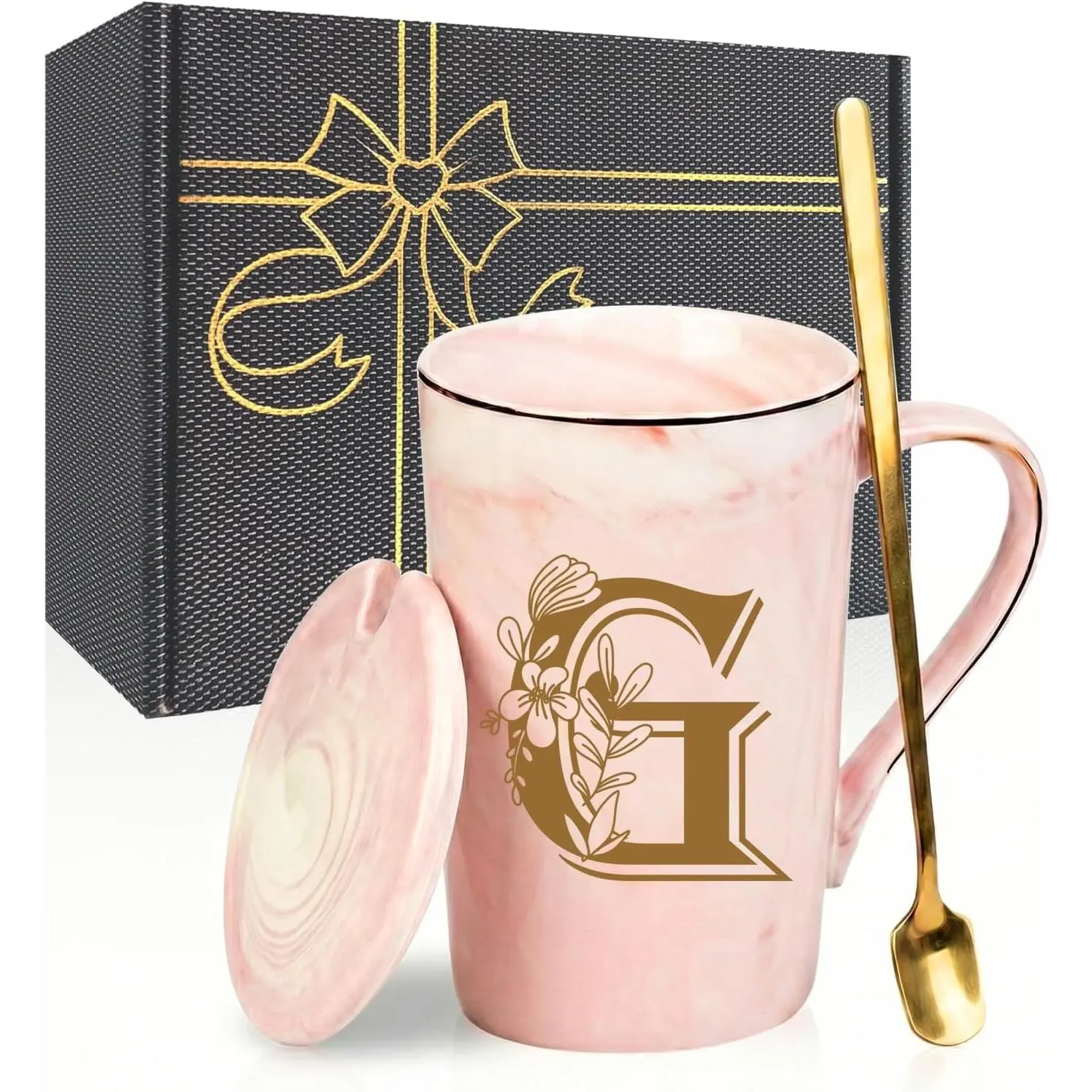 Letter G Personalized Initial Mugs, Letter G Personalized Coffee Mug, Novelty Birthday Mother's day Gifts for Mom Grandma Her Women, Bridal Shower Gifts, 14 OZ  with Lid Spoon  Box