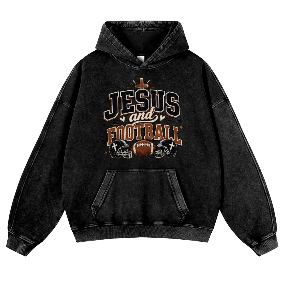 Oversized Vintage Washed Hoodie Men Women Jesus and Football Christian Cross Heavyweight Acid Wash Game Day Pullover Sweatshirt Streetwear