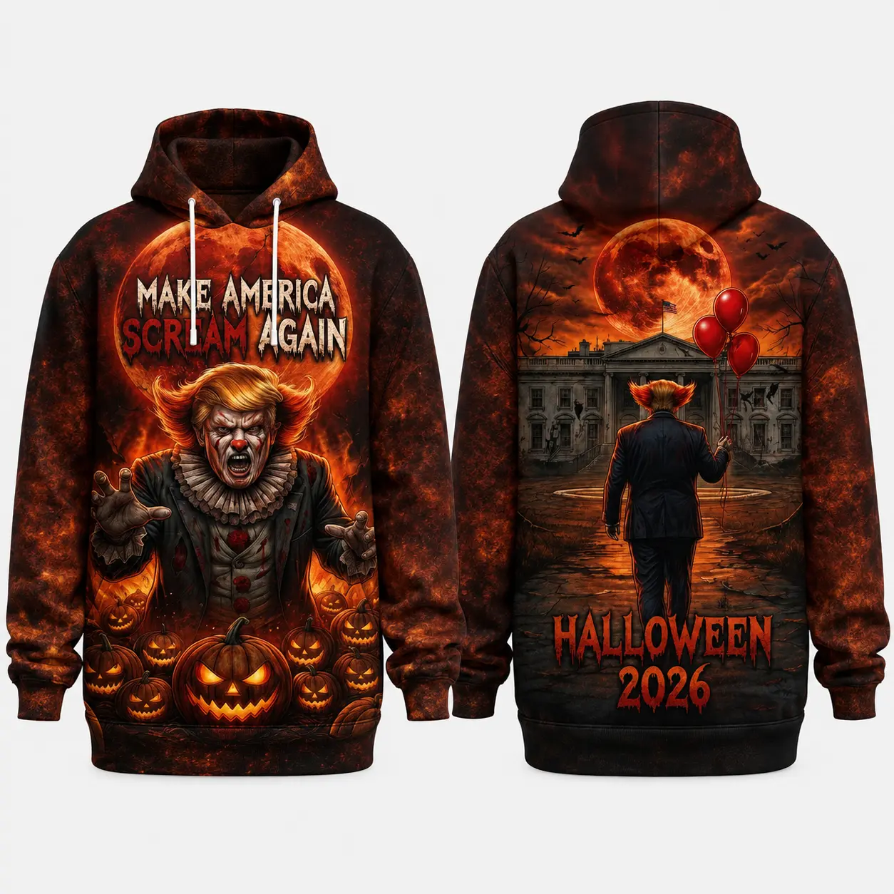 Unisex Funny Make America Scream Clown Again All Over Hoodie, Halloween 2026 Clown Horror Pumpkin Hoodie With Pocket, Quirky Halloween Gifts
