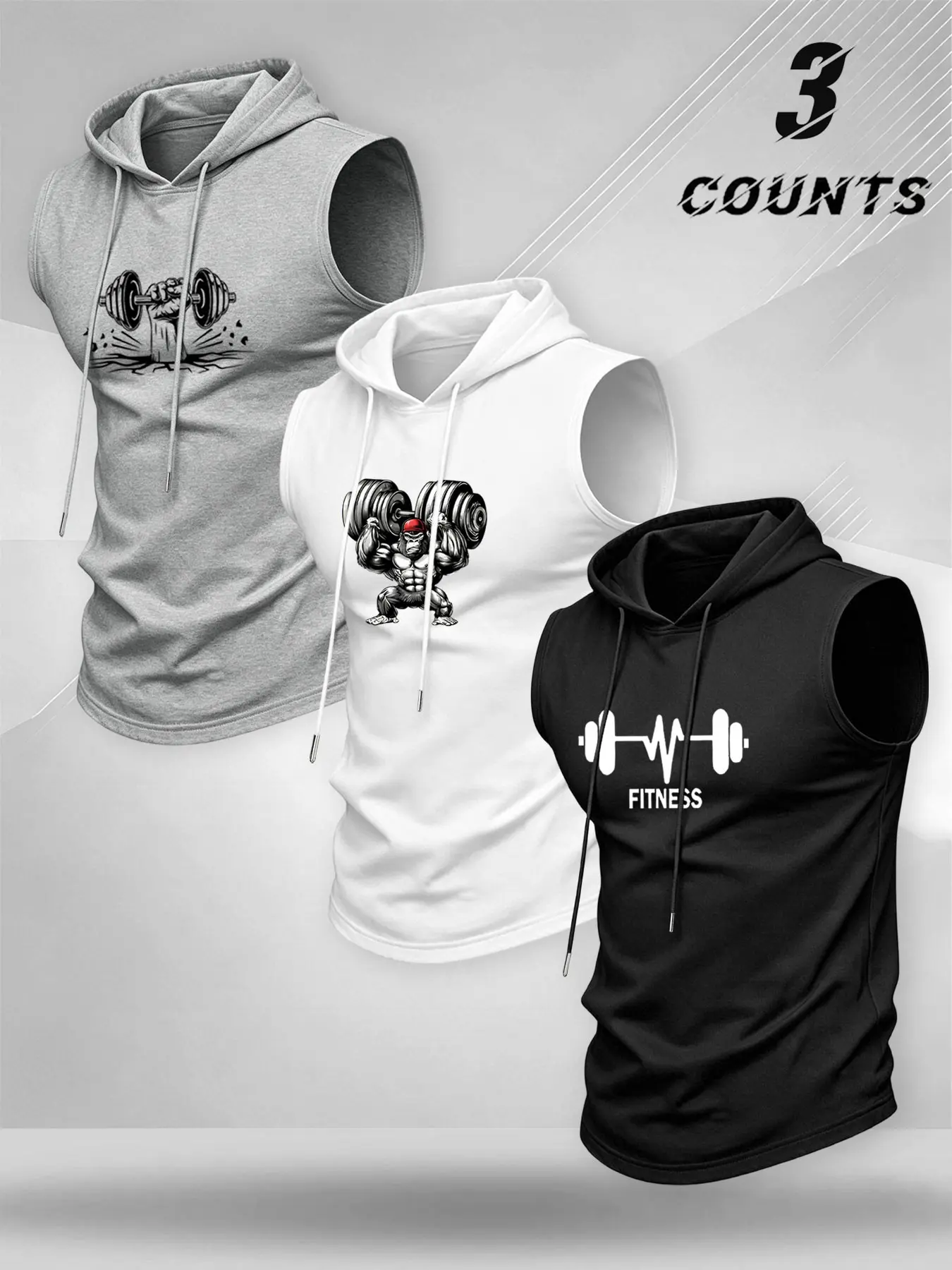 Men's Sleeveless Hooded Vest, Loose Fit, Breathable Sweat-Wicking, Gorilla Dumbbell Print, Soft Skin-Friendly Fabric, Gym Training Top