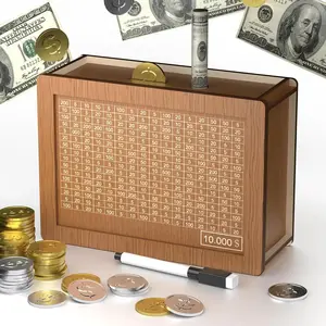 1PC $10,000 Savings Challenge Box - Wooden Cash Vault with Tracker & Erasable Pen | Kakeibo Coin Piggy Bank Money Saving Box for Christmas & New Year Financial Goals, Adults & Kids,  Viral Gift，Financial Planner, Money Storage Box