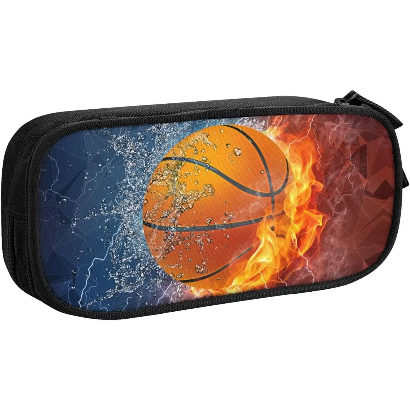 Basketball Pencil Case for Boys, Cool  Pencil Box with Print Water & Fire  for  Teens, Personalized Pencil Holder with Zipper Pen Pouch Desk Organizer Travel Stationery Bag