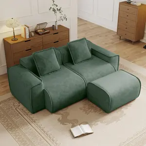 Aobtkel® Velvet Green Boneless Sectional Couch, Streamlined Modular 2-Seat L-Shape Sofa with French Edge Piping, No Assembly, Throw Pillows & 1 Movable Ottoman WL