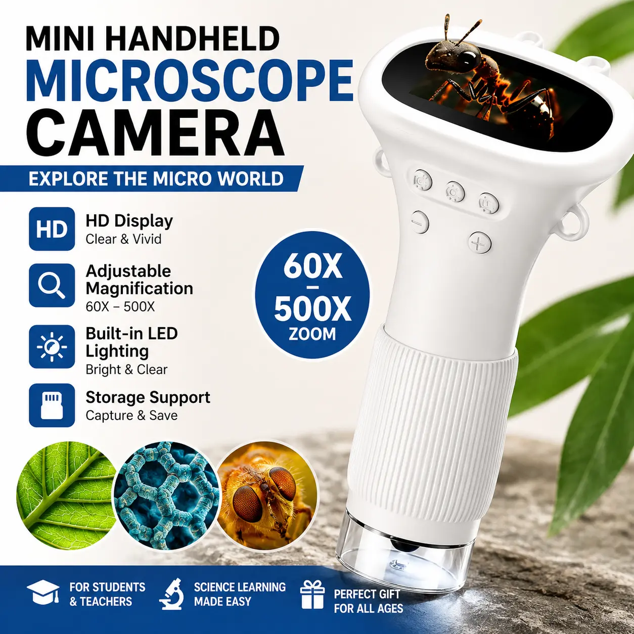 Portable Mini Handheld Digital Microscope Camera with HD Display Screen, Adjustable Magnification, Built-In LED Lighting & Storage Support for Students, Teachers, Science Learning, Hobby Inspection & Beginner Exploration