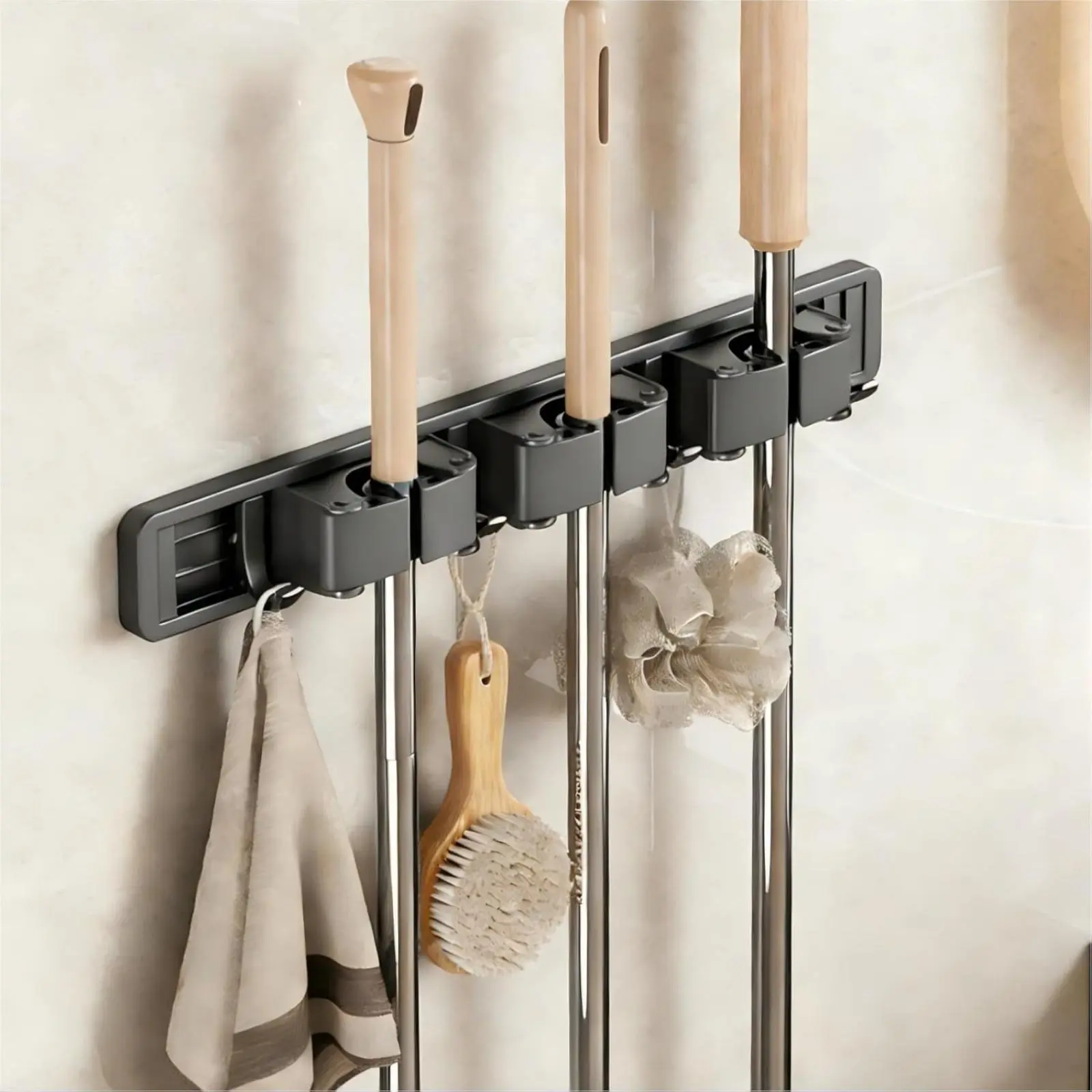 Wall Mounted Broom and Mop Rack with Adjustable Hooks, Space-Saving Cleaning Tool Storage Hanger, Heavy-Duty Wall Organizer for Narrow Spaces, Multi-Purpose Mop Holder for Kitchen, Garage, Laundry Room and Household Cleaning Supplies Storage