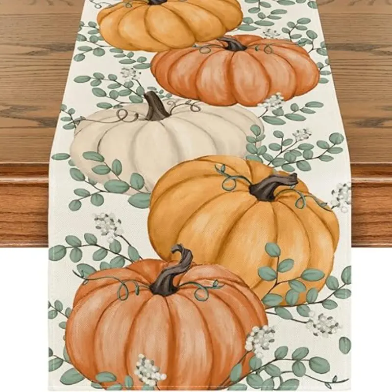 Thanksgiving Autumn Table Runner 33x90cm, Watercolor Pumpkin Eucalyptus Leaf Pattern, Kitchen Dining Party Decor, Festive Home Decoration
