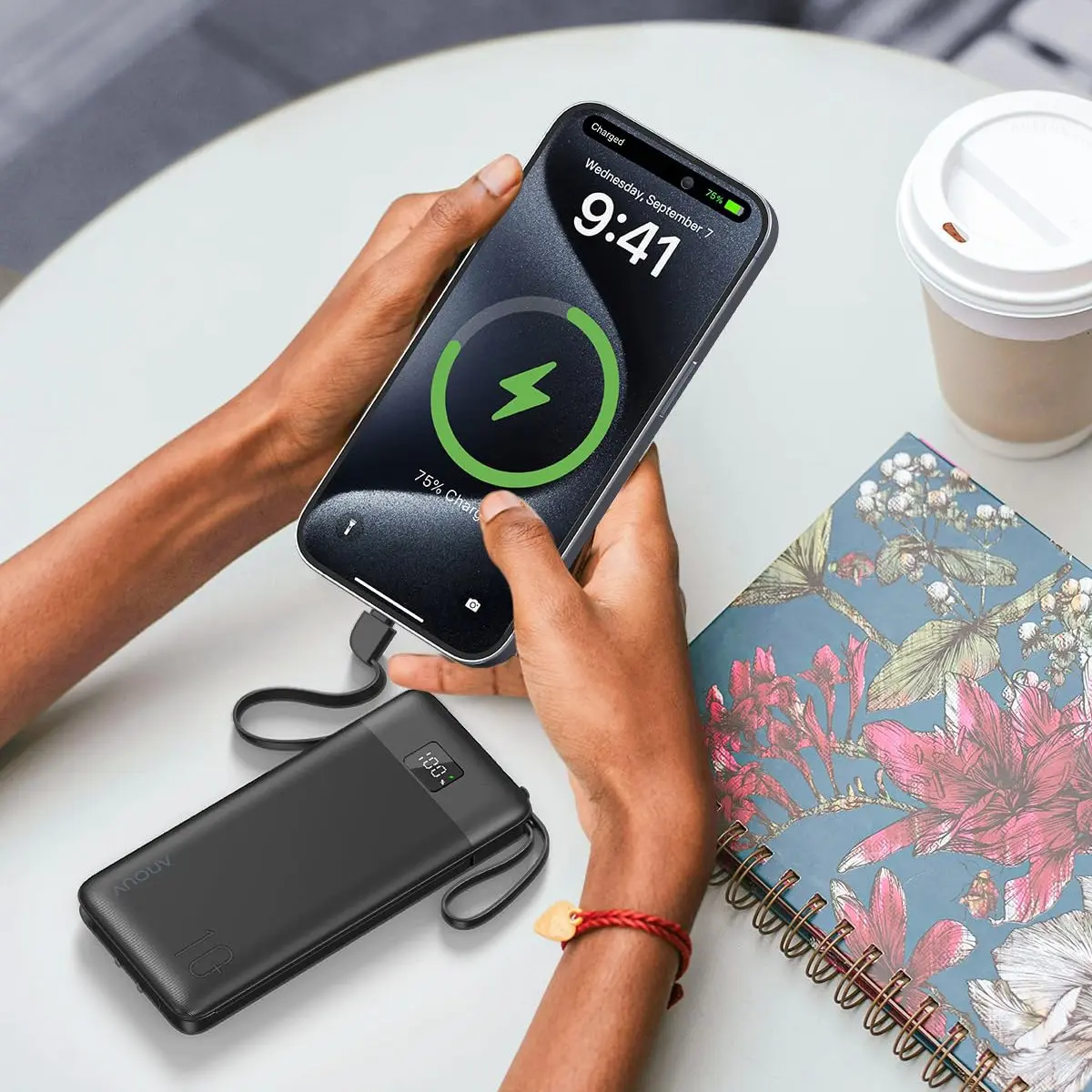 10000mAh Portable Charger, 22.5W Fast Charging, USB-C Input & Output, LED Digital Display, Integrated Cables & Foldable AC Plug for Smartphones & Tablets