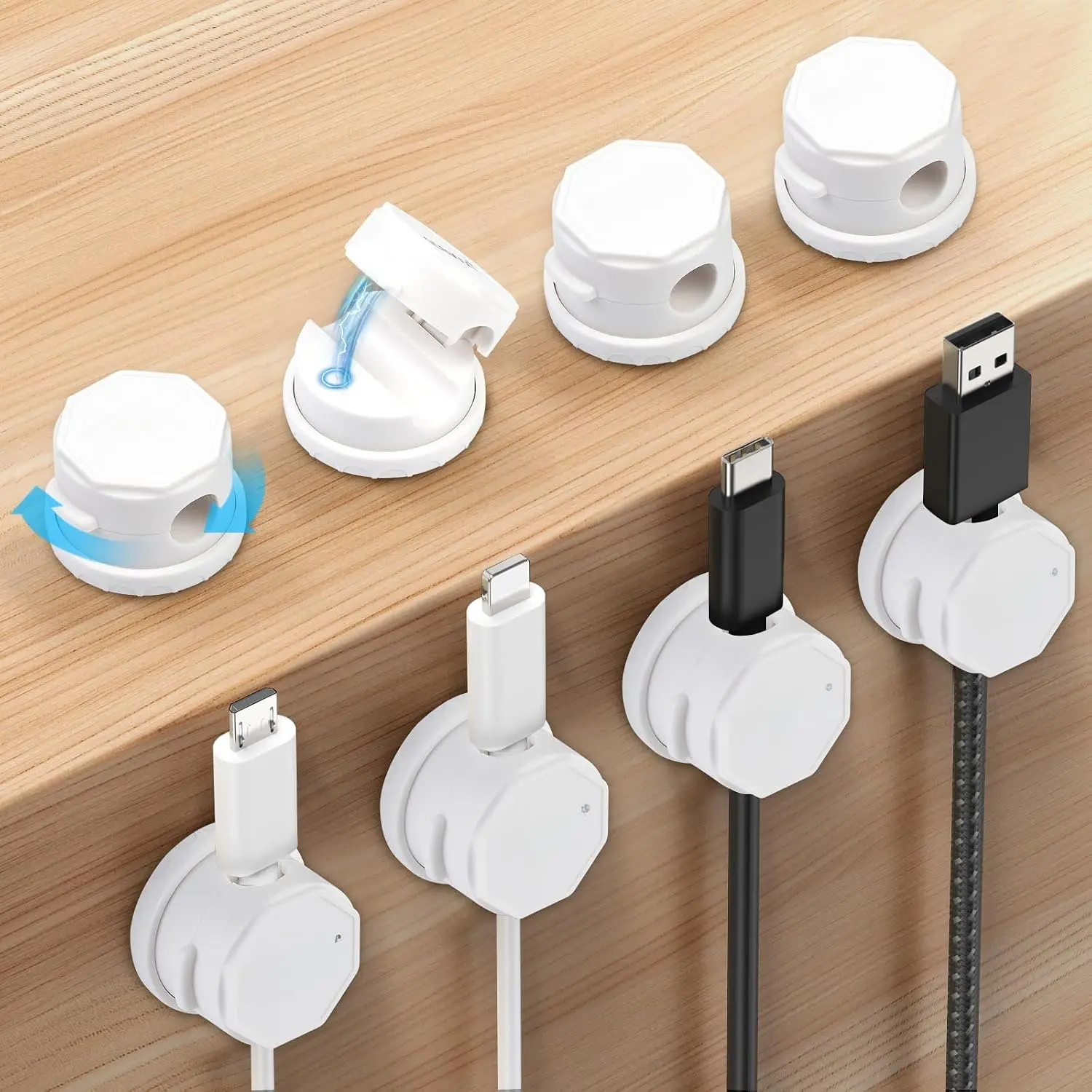 8 Pack   Clips Cord Holder, Desk  Management [1s Lock] Rotatable Spring  Clips Adhesive Wire Management for USB Charger Cord, Nightstand, , Office,  (White)