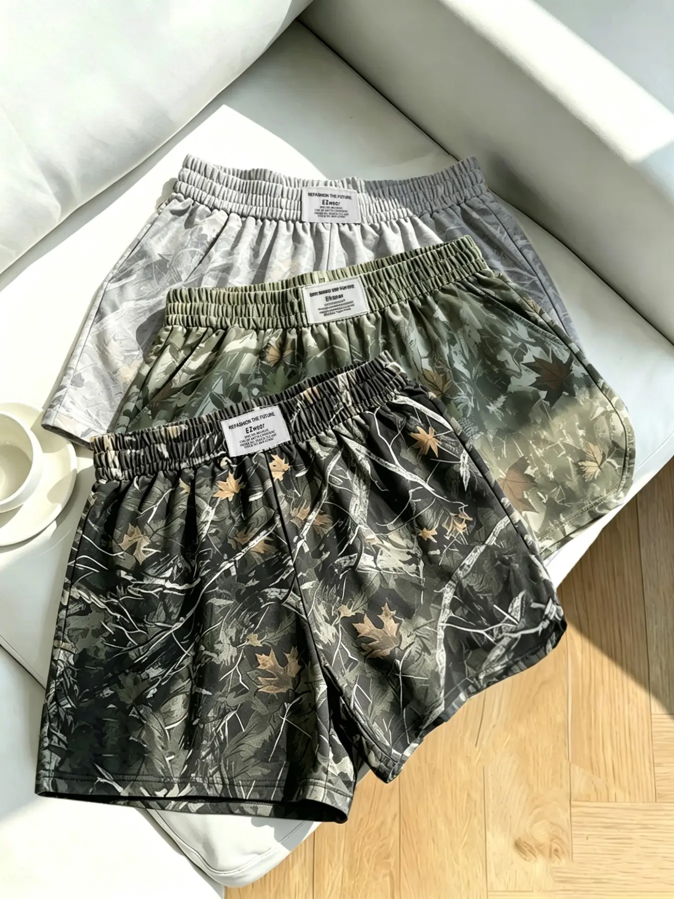 Women's Leopard Camo Print Camouflage Shorts Bottoms, Elastic Waist Loose Fit, Casual Summer Fashion Streetwear, Vintage Y2K Style, with Pockets, 3-Pack