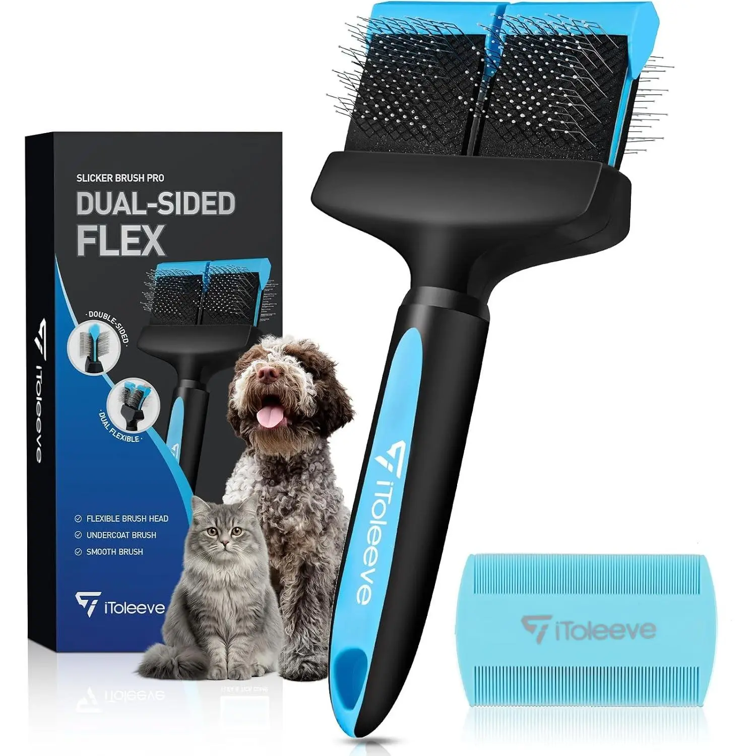 Dual Flexible Head Slicker Brush for Dogs and Cats, Round Tipped Pins, Double Sided Grooming Tool Removes Loose Undercoat, Reduces Shedding, Detangles Knots & TanglesGift