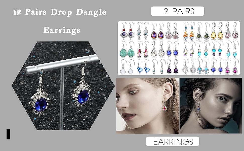 12 Pairs Bohemian Silvery Drop Earrings Set for Women Girls Geometric Cubic Zirconia Teardrop Drop Dangle Earrings Vintage Trend Party Jewelry Christmas Gifts