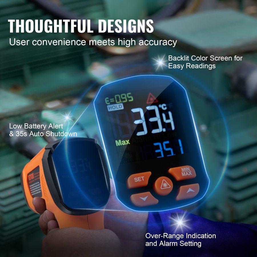 VEVOR Infrared Thermometer, -402732F Dual Laser Temperature Gun Non-Contact, Handheld IR Heat Temperature Gun with Adjustable Emissivity for Metal Smelting/Cooking/Pizza Oven/Engine(Not for Human)
