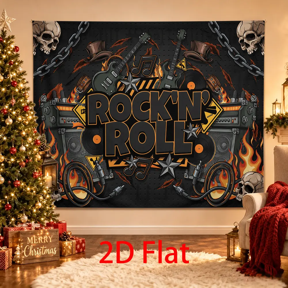 Industrial Rock N Roll Backdrop with Guitars, Speakers, Vinyl Records, Chains and Flames