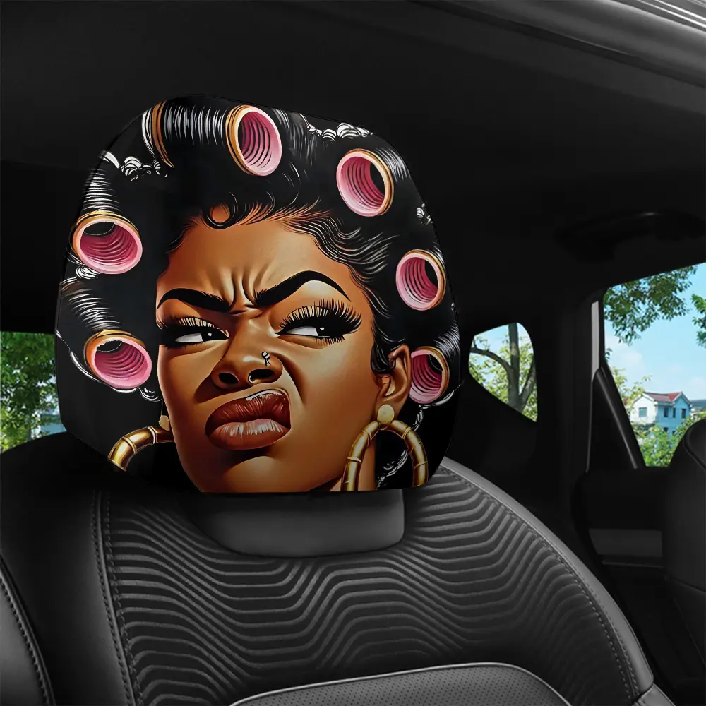 2pcs Vintage Trendy Curly-Haired Exaggerated Expression Character Print Car Headrest Cover, Car Interior Decoration, Easy to Install and Remove, Washable, Suitable for Long-Distance Road Trips and Daily Commutes, Perfect Fun Car Decoration