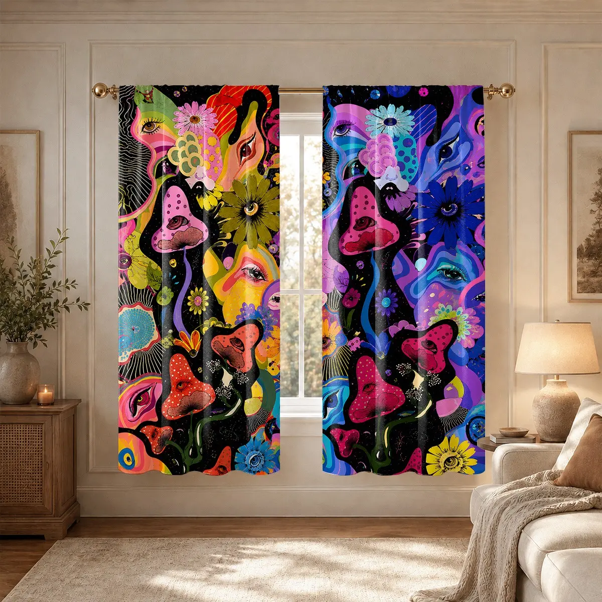 2-piece set - Psychedelic Pop Art Human Face Mushroom Flower Pattern Printed Filtered Curtains, Hanging Curtains, Suitable for Living Room, Bedroom, Home Decoration, Easy to Clean, Easy to Maintain