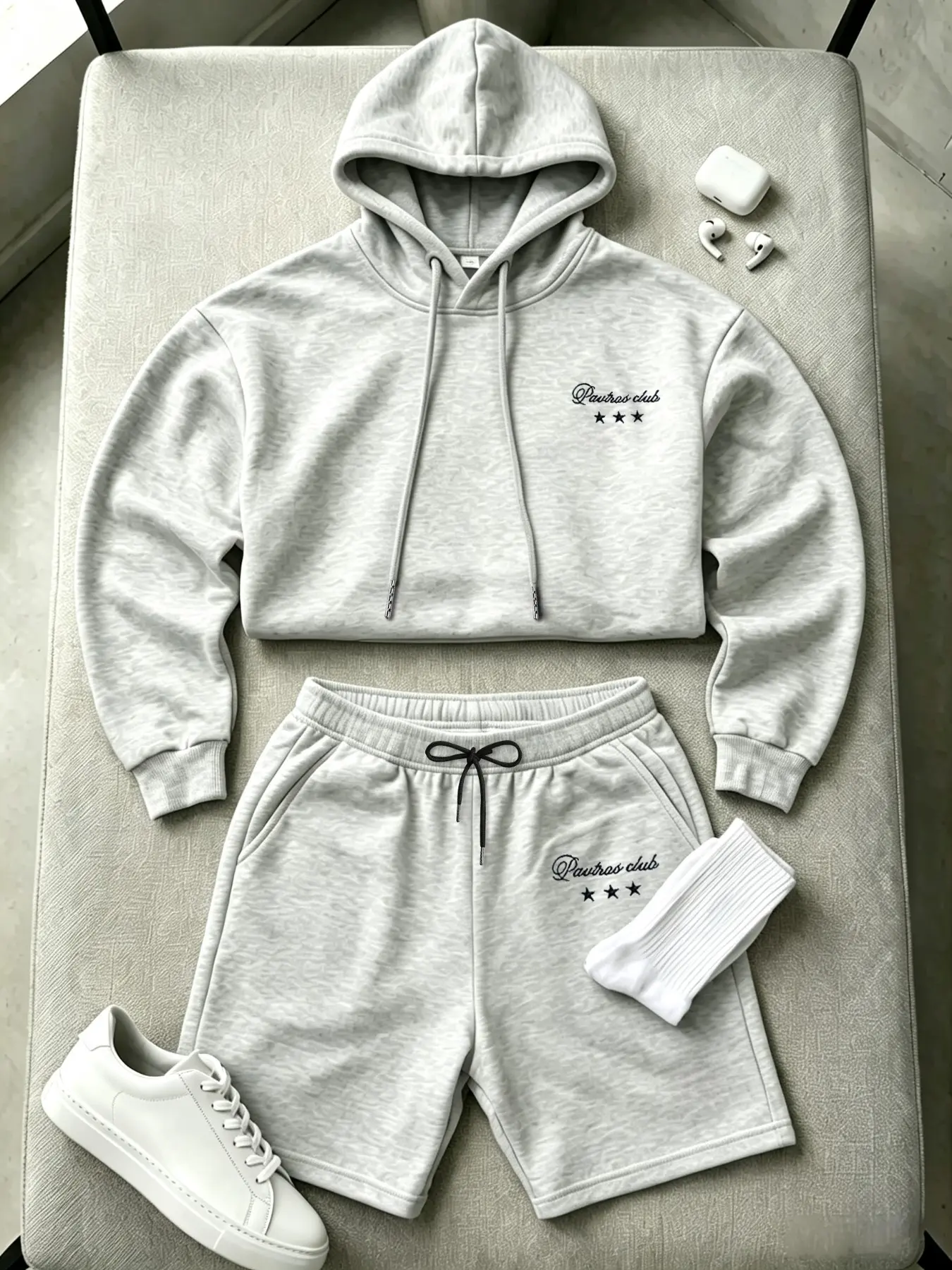 Men's Two-Piece Set, Pavtros Club Graphic Hoodie & Shorts, Clean Fit Casual, Ideal for Campus, Fitness, Home Relaxation