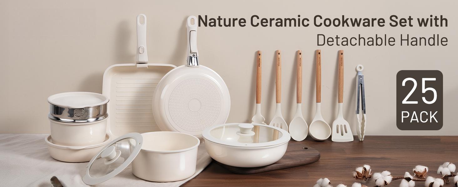 Nonstick Pots and Pans Set - Ceramic Cookware Set with Detachable Handle - 25 Pack Healthy Pans Set for Cooking - Stackable for RV Kitchen, Induction Ready - Dishwasher and Oven Safe
