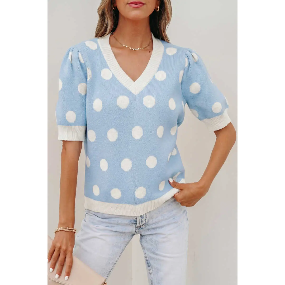 Women's Relaxed Fit Sweater in Light Blue, Polka Dot V-Neck Knit Pullover with Short Puff Sleeves, Knitwear, Shortsleeve