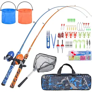 Kids Fishing Pole Set with Full Starter Kits 2 Set Portable Telescopic Fishing Rod and Spincast Reel Cambos with a Fishing Net and 2 Buckets  Boys Girls and Youth
