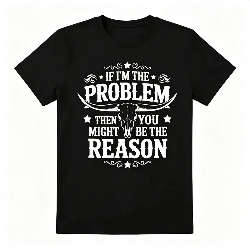 "If I'm The Problem" Bull Skull Graphic Tee for Women Black Cotton T-shirt Summer Casual Western Country Top