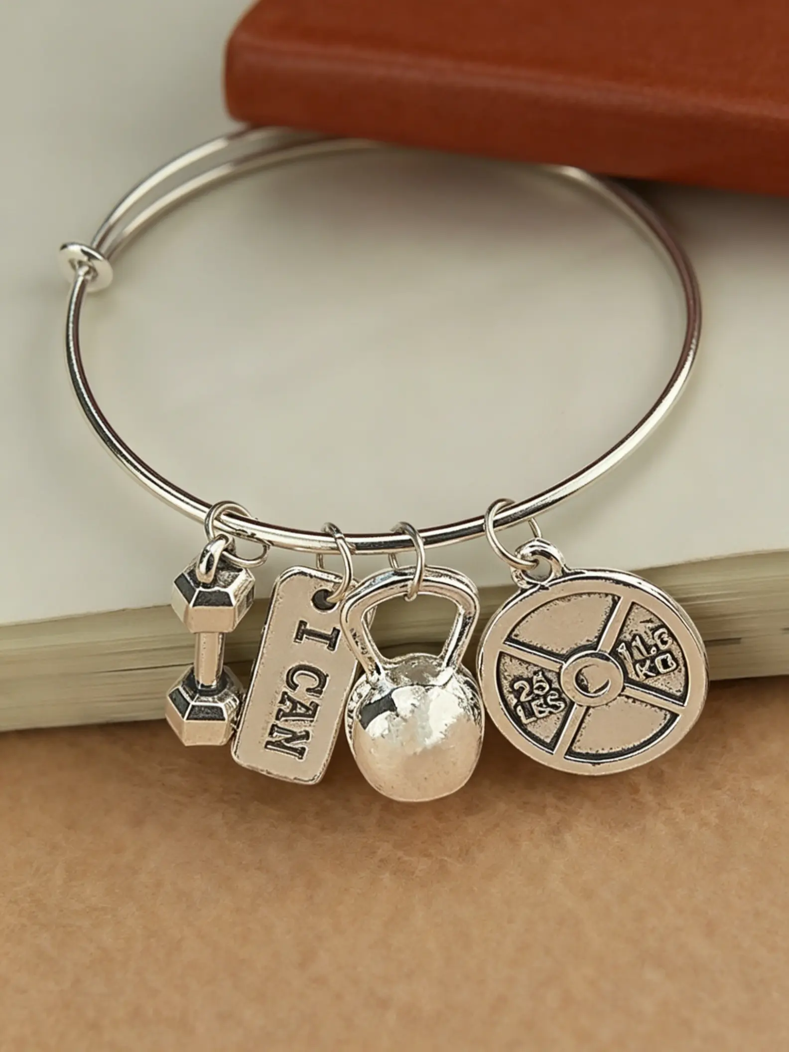 Adjustable Silver Color Bracelet with Fitness Theme Metal Charm, Engraved Tag Design, Casual Sporty Accessory for Daily Wear
