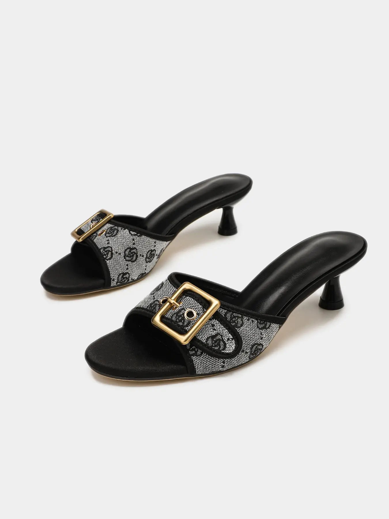 Women's Luxury Monogram Mule Heels, Square Buckle Kitten Heel Embellished Sandals with Jacquard Fabric, Elegant Old Money Style Slip On Shoes